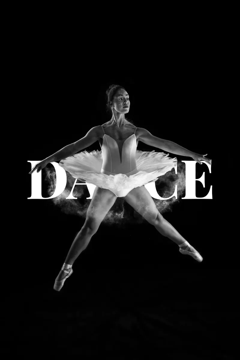 Ballet dancer leaping in front of the word DANCE in white Playfair Display letters